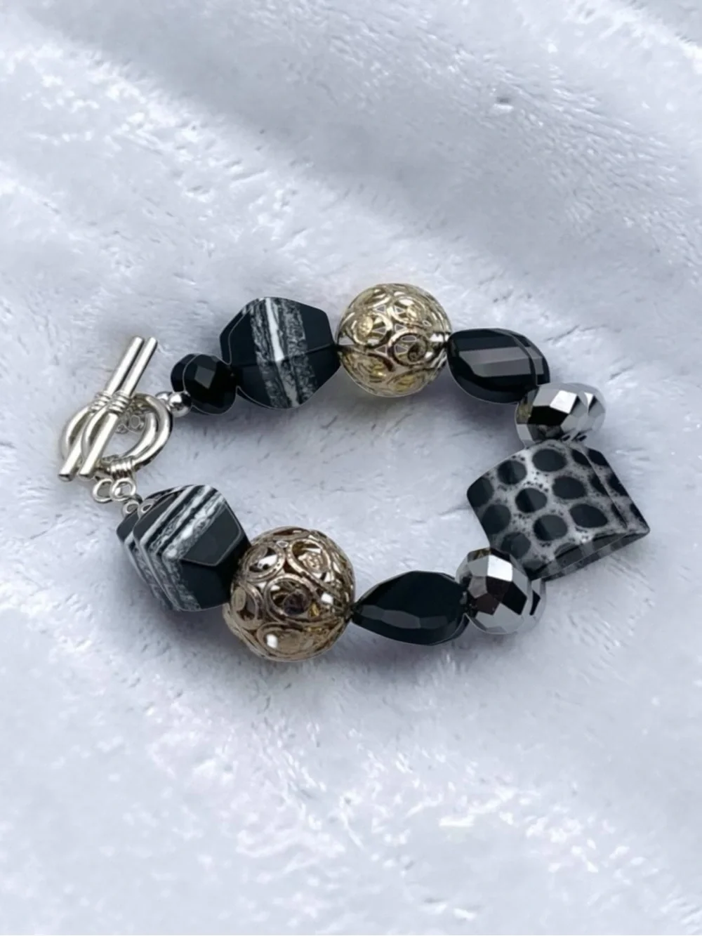 Handcrafted Black and Silver Beaded Toggle Bracelet